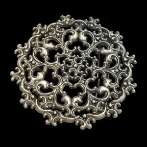 Ornate Filigree Round Belt Buckle Silver Tone Ornate Scrollwork‎ Design Vintage